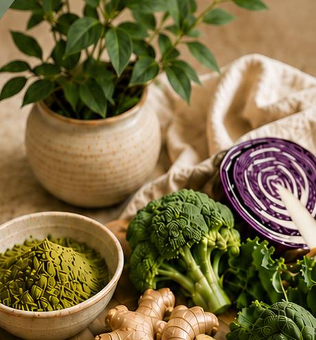 Matcha, Brokkoli, Ingwer und Blattgemüse