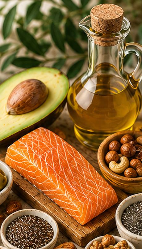 Olivenöl, Avocado, Lachs und Nüsse