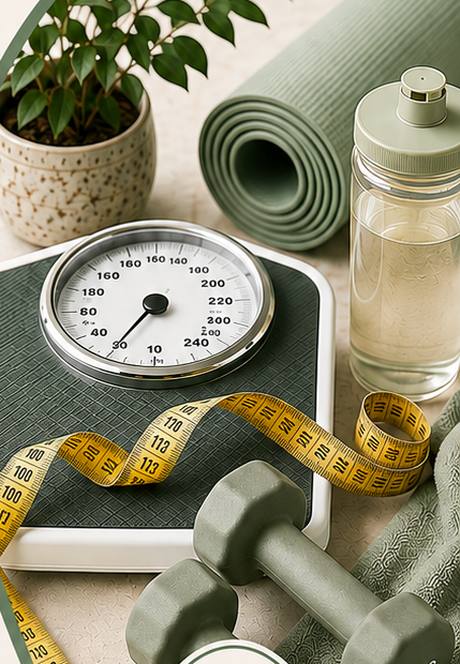 Waage, Massband, Hanteln und Yogamatte